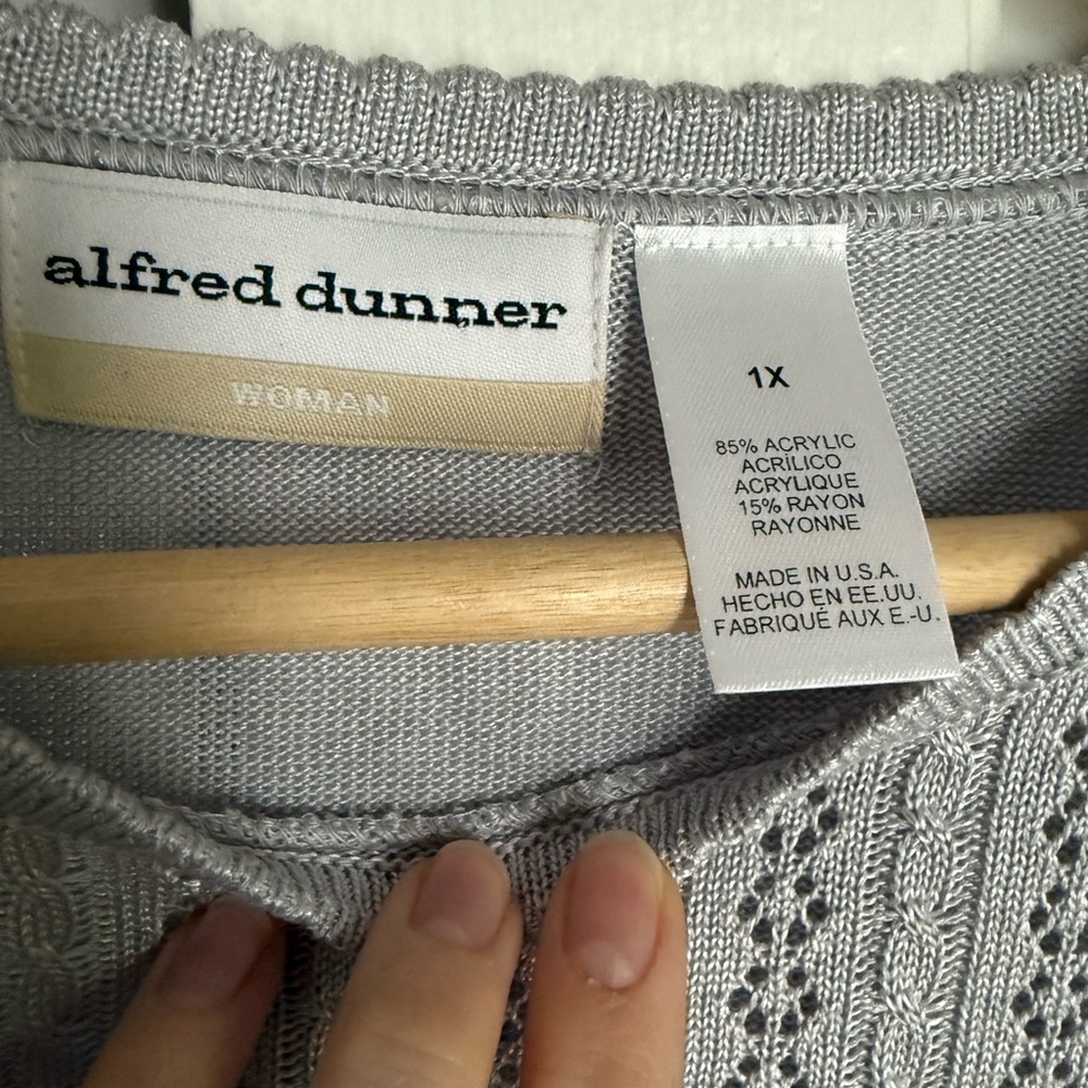 NWT Alfred Dunner Grey Crochet Short Sleeve Knit Top Sz 1X Demure Cottage Preppy - Picture 6 of 8